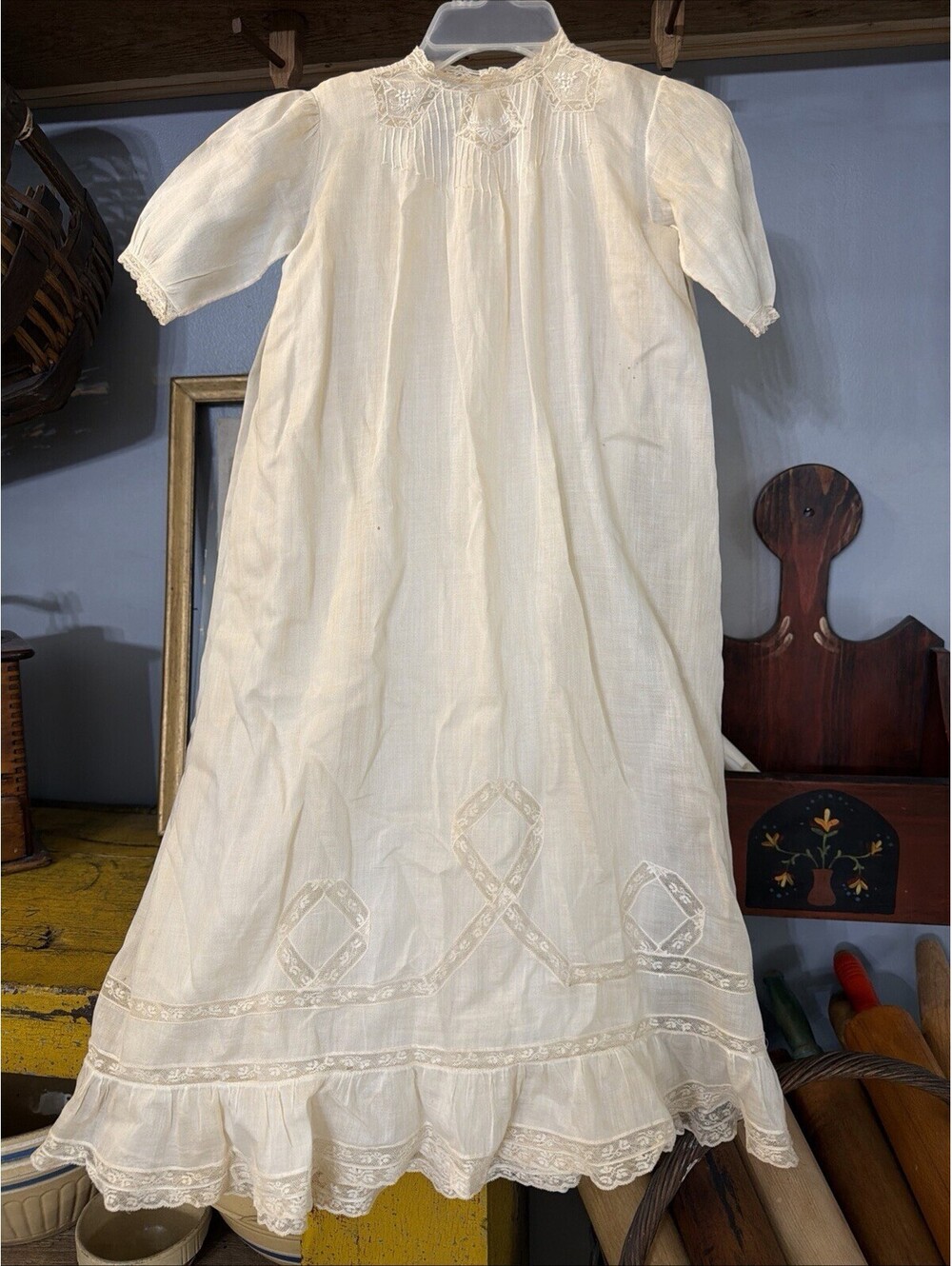 Antique Victorian Cotton W/ Delicate Lace Christening Baby Gown Long Handmade
